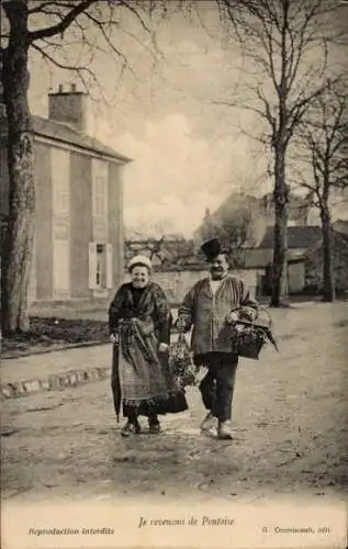 Ak Pontoise Val d'Oise, Mann und Frau in traditioneller Kleidung, Rückkehr vom Markt