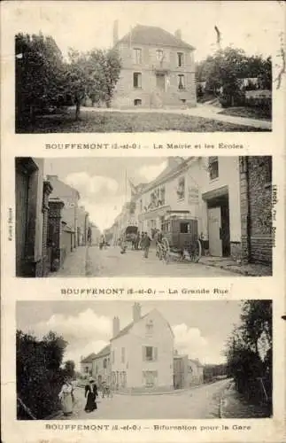 Ak Bouffémont Val d'Oise, Rathaus, Schule, Straßenszene, Bahnhof