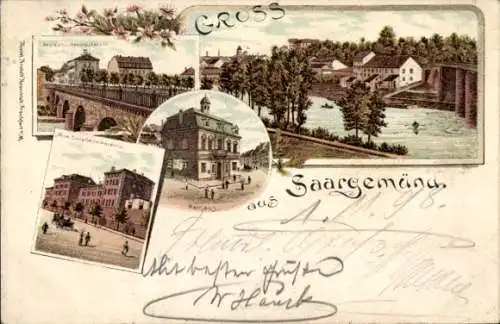 Litho Sarreguemines Saargemünd Lothringen Moselle, Gesamtansicht, Rathaus, Postamt