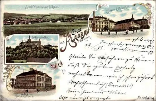 Litho Kladruby u Stříbra Kladrau Region Pilsen, Schloss, Schlosskirche, Bürgerschule