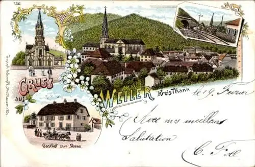 Litho Weiler Elsass Bas Rhin, Kirche, Gasthof zur Krone