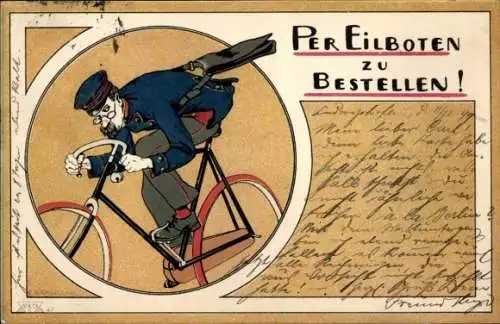 Ak Mann mit Fahrrad unterwegs, Per Eilboten zu bestellen
