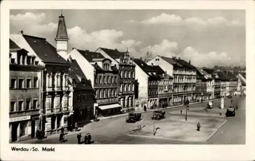 Ak Werdau in Sachsen, Markt, Geschäfte, Konsum, Autos