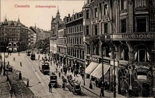 Ak Chemnitz Sachsen, Johannisplatz, Geschäfte, Straßenbahn, Hotel Stadt Gotha, Automat