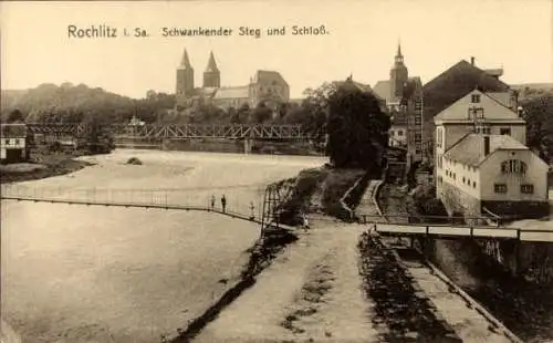 Ak Rochlitz an der Mulde Sachsen, Schwankender Steg, Schloss