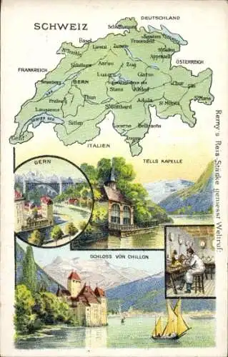 Landkarten Ak Schweiz Deutschland, Schloss von Chillon, Tellekapelle, Bern, Remys Reis Stärke