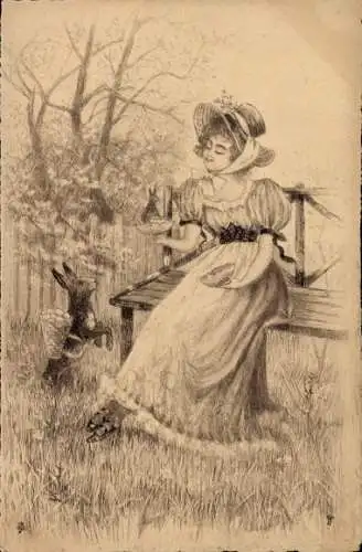 Künstler Litho Ostern, Junge Frau, Osterhase im Ei, Sitzbank