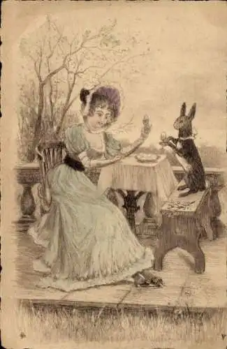 Litho Ostern, Mädchen und Osterhase am Tisch, Eier, Sitzbank