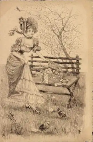 Künstler Litho Ostern, Junge Frau, Korb mit Eiern, Küken