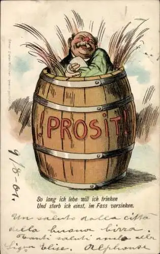 Künstler Litho Mann in einem Bierfass, Prosit, So lang ich lebe will ich trinken