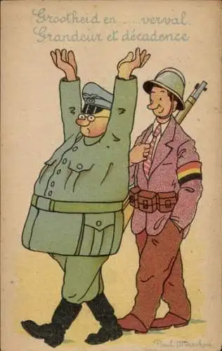 Künstler Ak Marchen, Paul, Karikatur, belgischer Soldat führt deutschen Soldat ab