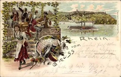 Litho Gruß vom Rhein, Kellnerin, Feiernde Menschen, Wein, Dampfer