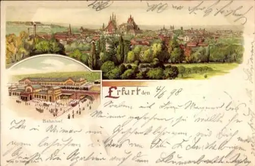 Litho Erfurt in Thüringen, Bahnhof, Totalansicht, Dom