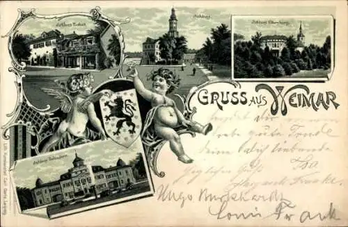 Litho Weimar in Thüringen, Schlösser Tiefurt, Ettersburg, Belvedere, Wappen