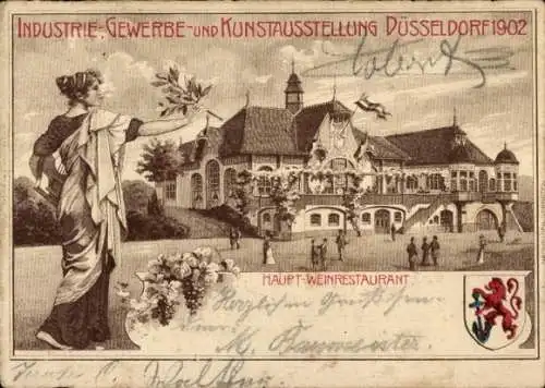 Wappen Litho Düsseldorf am Rhein, Industrie und Gewerbeausstellung 1902, Haupt-Weinrestaurant