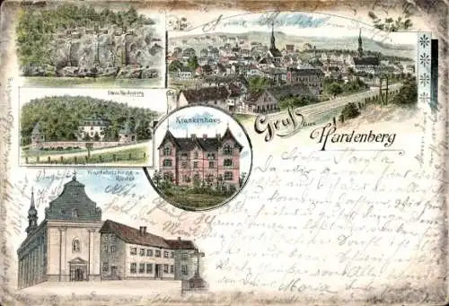 Litho Hardenberg Velbert Nordrhein Westfalen, Wallfahrtskirche, Kreuzberg, Schloss, Krankenhaus