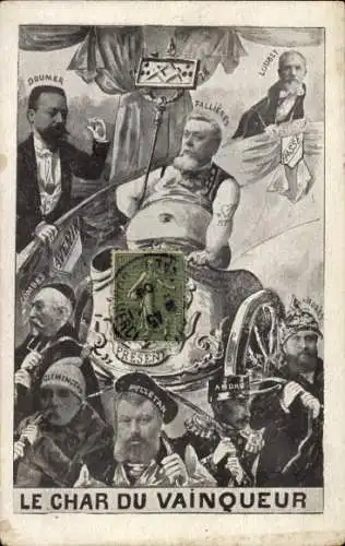 Ak Französische Politiker, Loubet, Fallieres, Clemenceau, Karikatur, Streitwagen