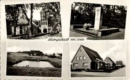 Ak Bargstedt in Niedersachsen, Gedenkstätte, Kirche, Siedlung, Wasserbecken