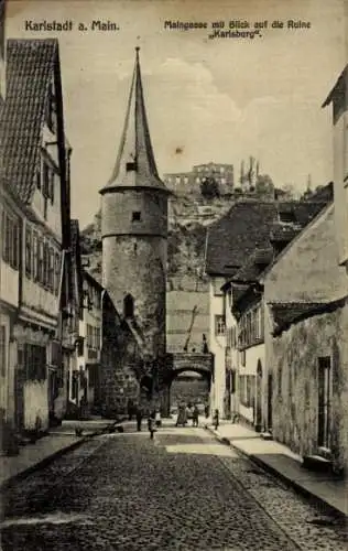 Ak Karlstadt am Main Unterfranken, Maingasse mit Blick zur Ruine Karlsburg