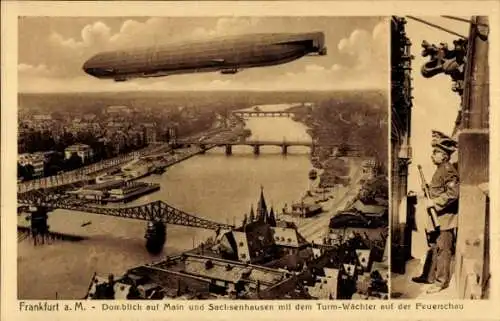 Ak Frankfurt am Main, Blick vom Dom, Sachsenhausen, Zeppelin, Turmwächter auf Feuerschau