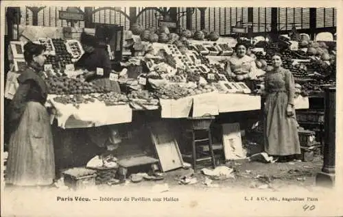 Ak Paris Vécu, Interieur de Pavillon aux Halles, Verkaufsstand, Gemüsehändler