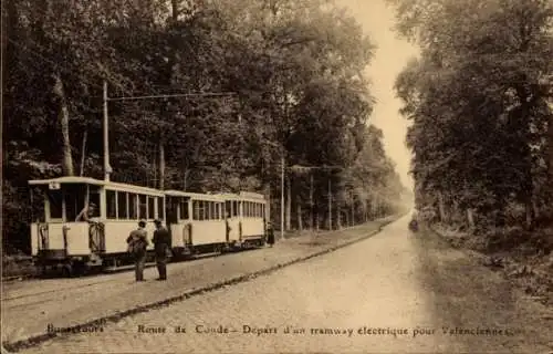 CPA Bon Secours Bonsecours Péruwelz Hainaut, Route de Conde, Départ d'un tramway électrique