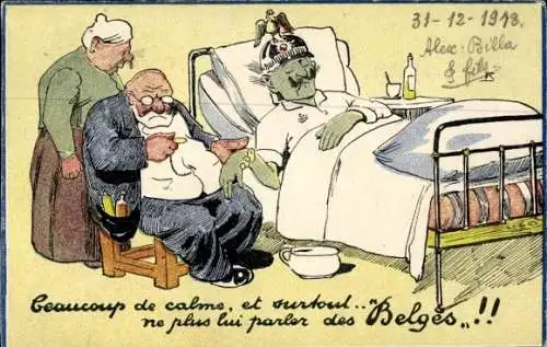 Präge Ak Karikatur, Kaiser Wilhelm II., Krankenbett, Arzt, Sprechen Sie nicht mit ihm über Belgien