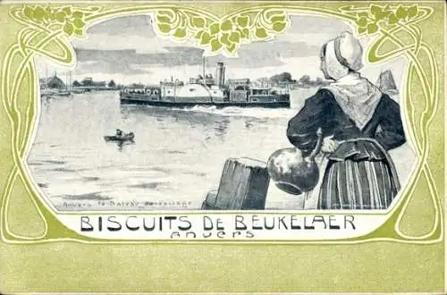 Künstler Ak Anvers Antwerpen Flandern, Biscuits de Beukelaer, Reklame, Dampfer, Volkstracht