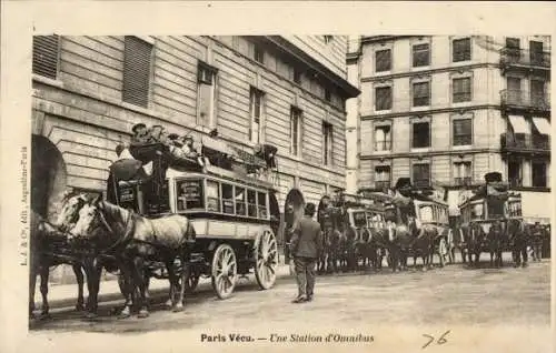 Ak Paris Vécu, Une Station d'Omnibus, Pferdebusse