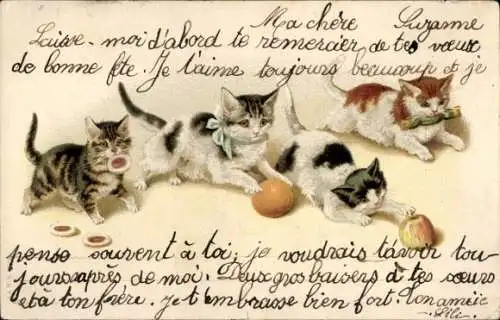 Litho Vier Katzen mit Plätzchen und Apfel