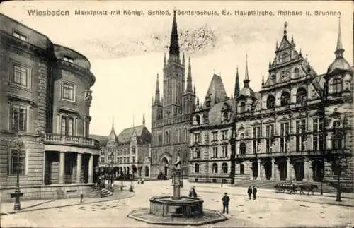 Ak Wiesbaden in Hessen, Marktplatz mit Königl. Schloss, Töchterschule