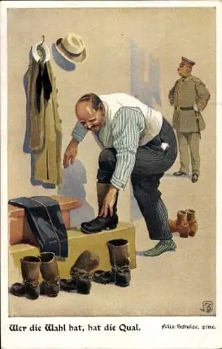 Künstler Ak Schulze, Felix, Wer die Wahl hat, hat die Qual, Soldat, Schuhe
