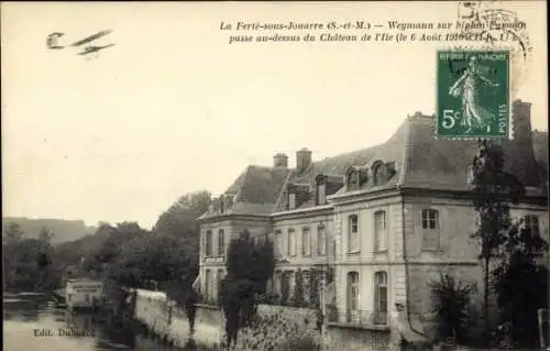 Ak La Ferte sous Jouarre Seine et Marne, Flugzeug Farman, Pilot Weymann, Chateau de l'Ile