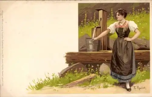 Künstler Litho Mailick, Frau im Dirndl am Brunnen