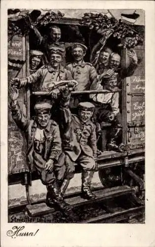 Künstler Ak Strieffler, Hurra, Deutsche Soldaten fahren aus, Eisenbahnwaggon, I. WK