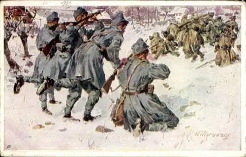 Künstler Ak Marussig, KuK Soldaten im Gefecht, Infanterist Sanimaler,Aus dem goldenen Buche d. Armee