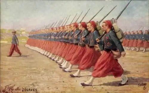 Künstler Ak Algerien, Zouaves, Infanterieeinheit maschiert in Reihe