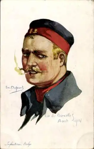 Künstler Ak Dupuis, Emil, belgische Infanterie, Fort de Boncelles, belgischer Soldat mit Zigarette