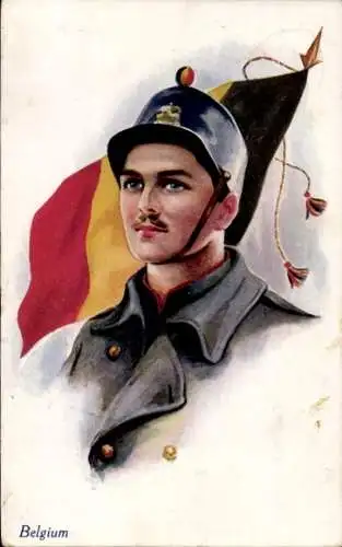 Künstler Ak Belgischer Soldat, Portrait in Uniform, Belgische Flagge