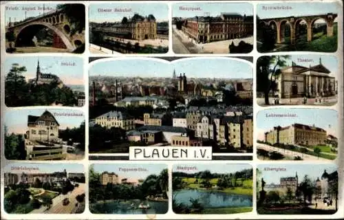 Ak Plauen im Vogtland, Bahnhof, Post, Theater, Seminar, Albertplatz, Stadtpark, Poppenmühle, Schloss