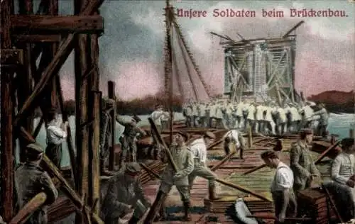 Ak Deutsche Soldaten beim Brückenbau, Pioniere errichten eine Brücke, I. WK