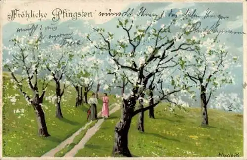 Künstler Litho Mailick, Glückwunsch Pfingsten, Frauen, Blütenbäume, Frühlingslandschaft