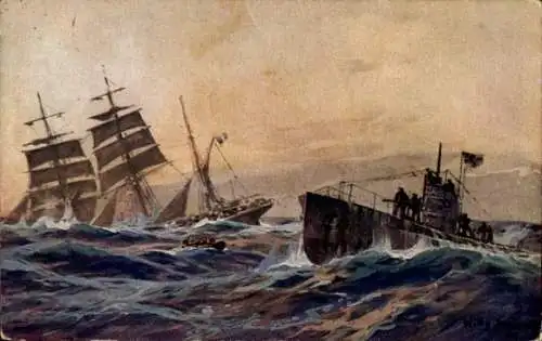 Künstler Ak Stöwer, Willy, Deutsches U Boot versenkt französische Bark, Atlantik, U-Boot Spende 1917