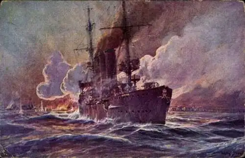 Künstler Ak Stöwer, Willy, SMS Emden beschießt Madras, Kreuzer, Kaiserliche Marine, I. WK