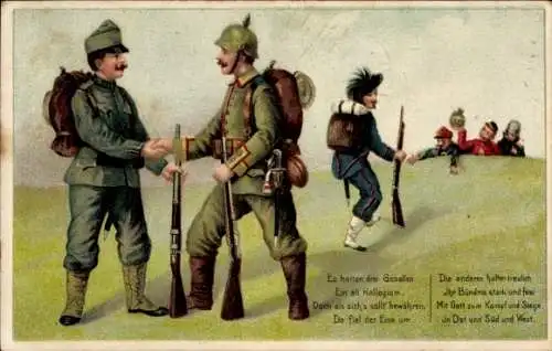 Gedicht Ak Es halten drei Gesellen, ein alt Kollegium, deutscher Soldat, KuK, England, Frankreich