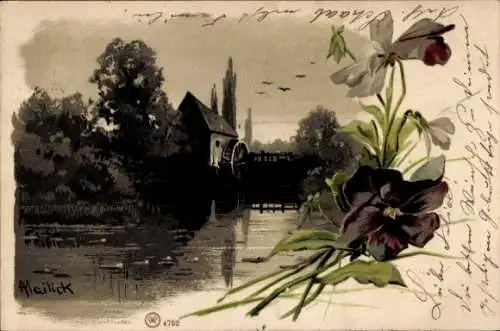 Künstler Litho Mailick, Wassermühle, Idyll, Blumen