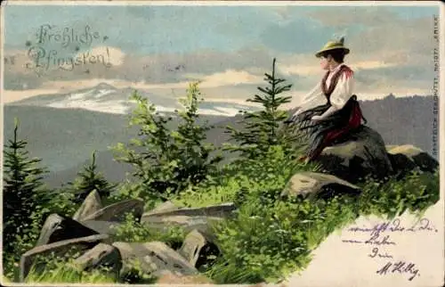 Litho Wandersfrau blickt in die Ferne, Aussicht, Bergkette