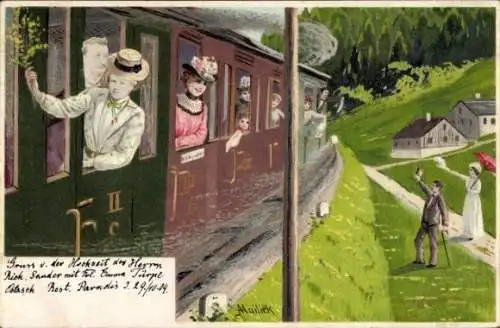 Künstler Litho Mailick, Menschen im Zug, Abschied, Winken