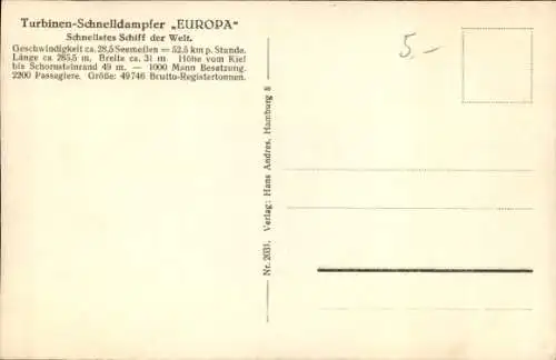 Ak Dampfschiff Europa, Norddeutscher Lloyd Bremen, Turbinenschnelldampfer