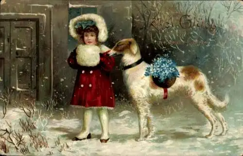 Ak Glückwunsch Neujahr, Mädchen mit Hund, Schnee